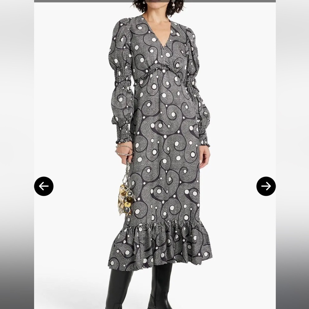 SHRIMPS Clemente Ruffled Printed Silk-twill Midi Dress - Black Size 10